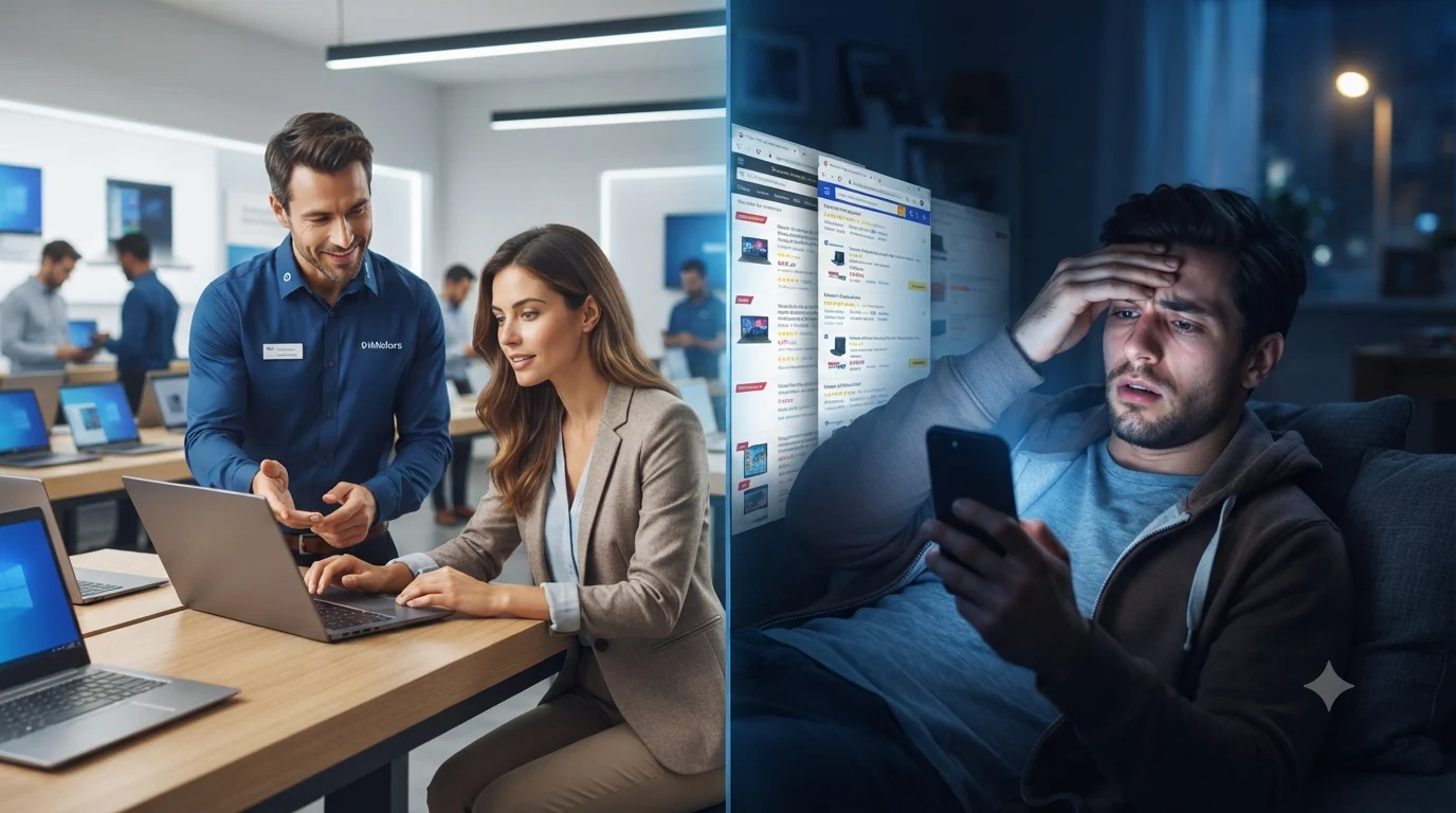 Split-screen image: consultative laptop buying in a showroom versus stressed online shopping at night.
