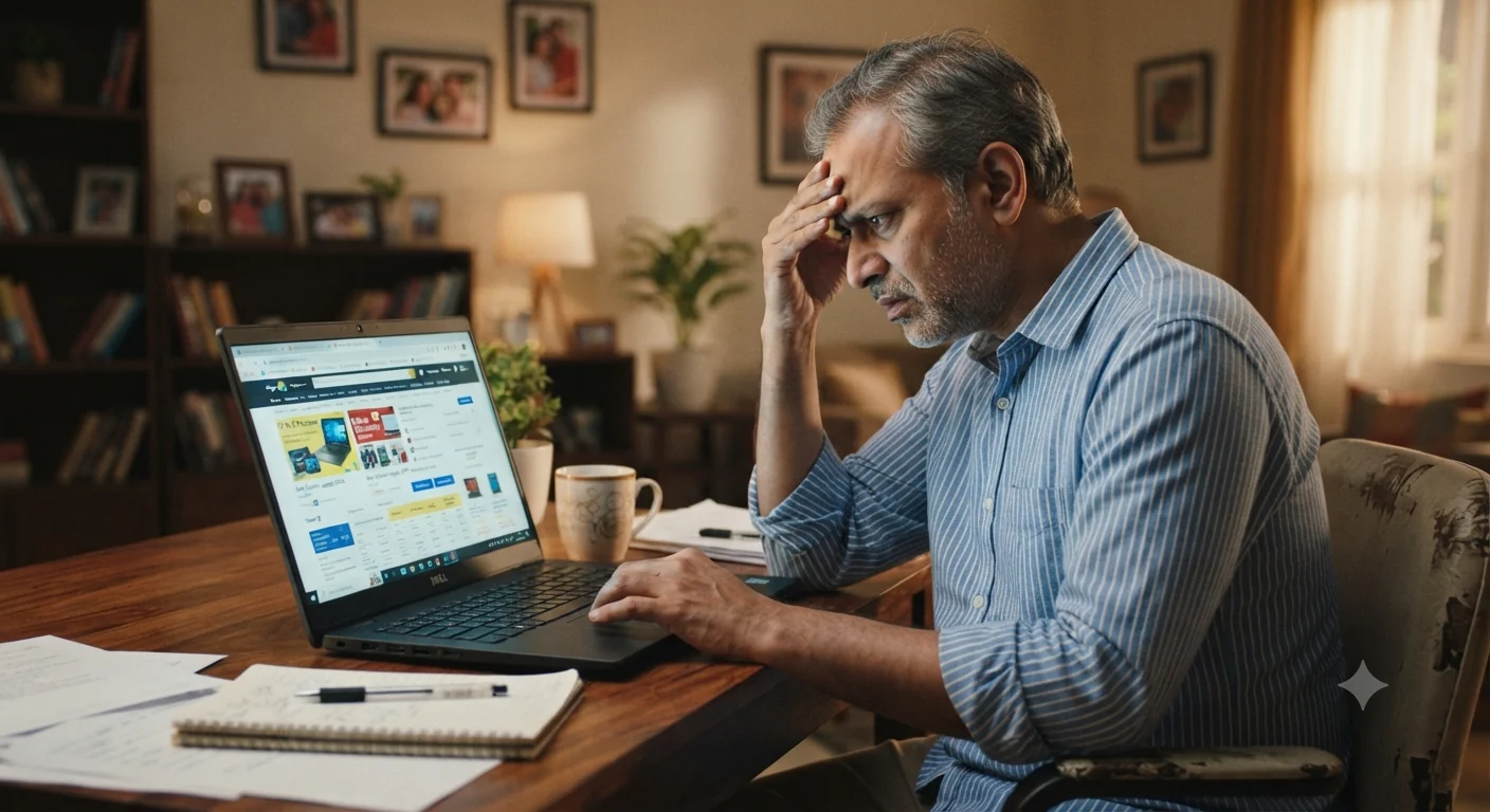 An Indian father looking confused while researching student laptops and reading laptop buying guides on multiple online shopping tabs.
