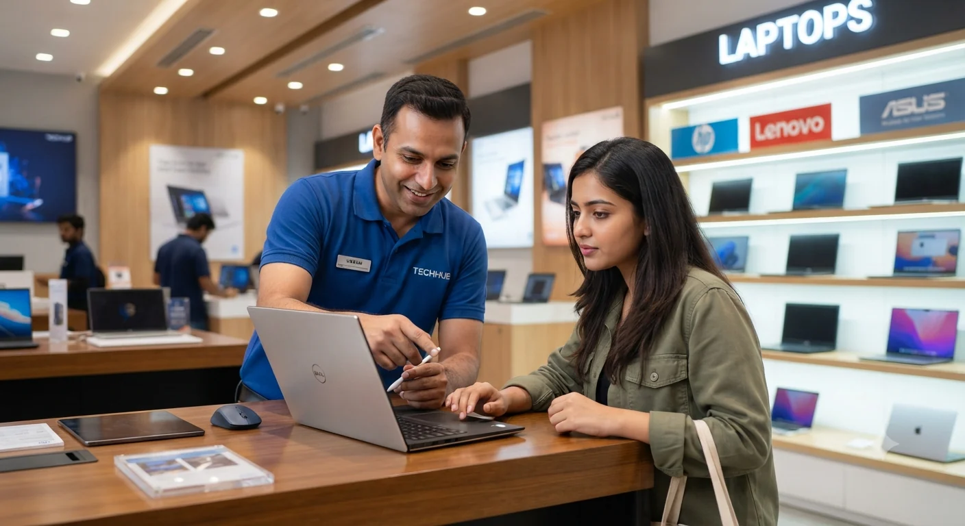 A sales consultant guiding a parent at a computer showroom to choose the best laptop for a college student based on course requirements.