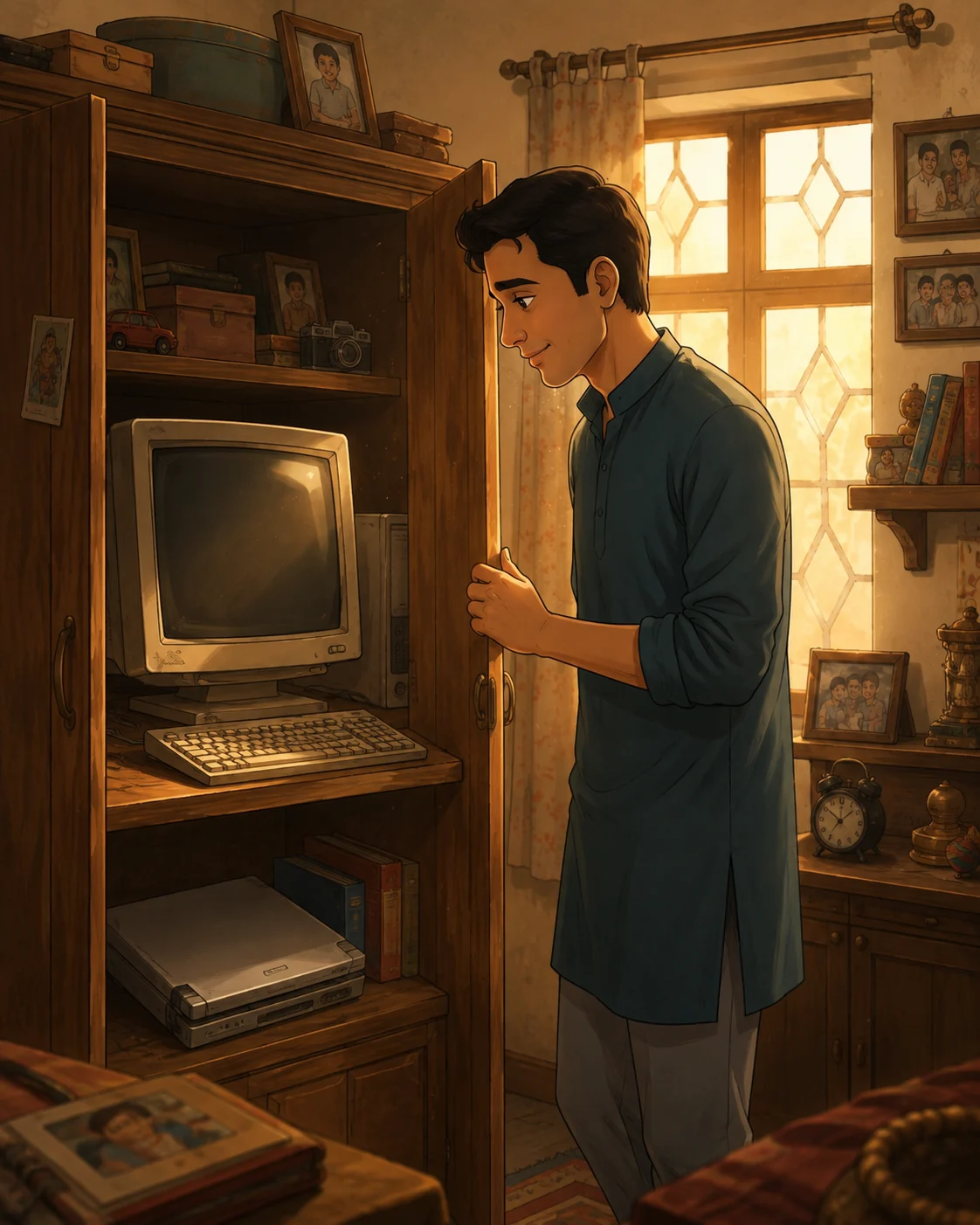 Indian man discovering an old computer and laptop filled with family memories