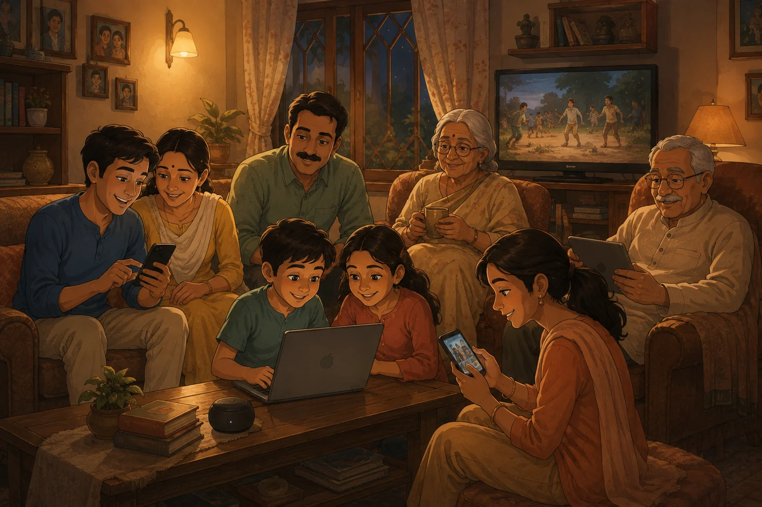 Indian family using smartphones laptops and home electronics together