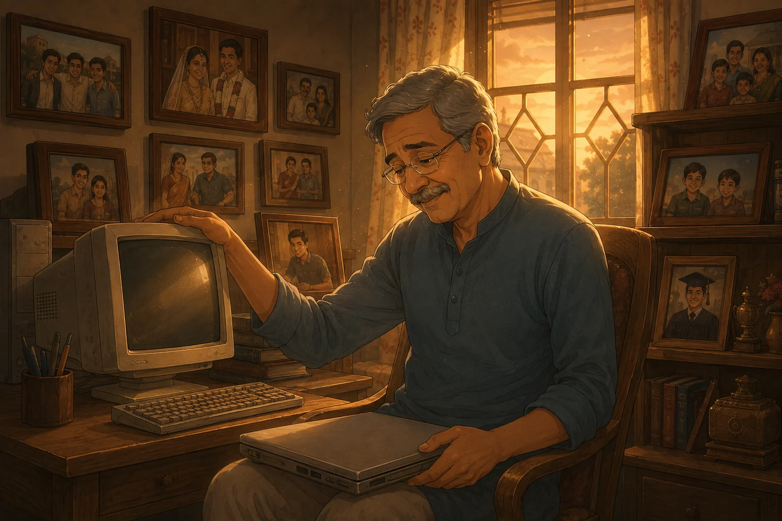Older Indian man reflecting on memories while looking at his old computer
